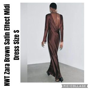 Zara Brown Satin Effect Midi Dress Size S